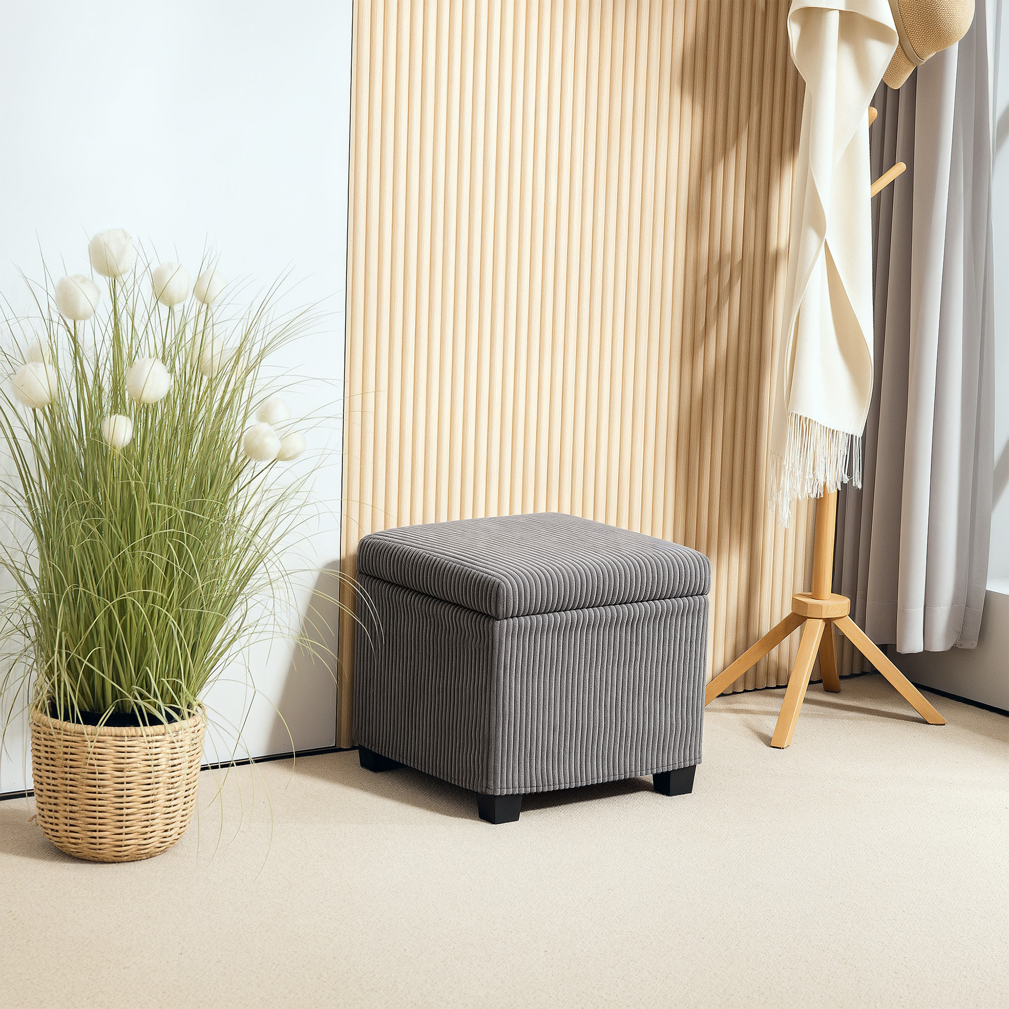 Pouf coffre de rangement velours côtelé dim. 40 x 40 x 40 cm gris