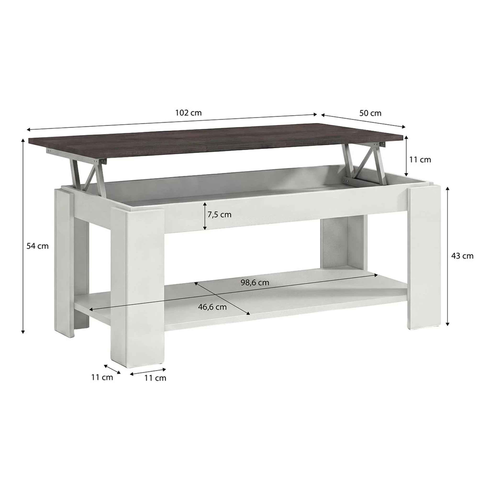 Mesa de centro elevable con almacenaje en blanco mate y óxido 102x43-54 cm Lya Blanco Artik (Blanco Mate) - Óxido