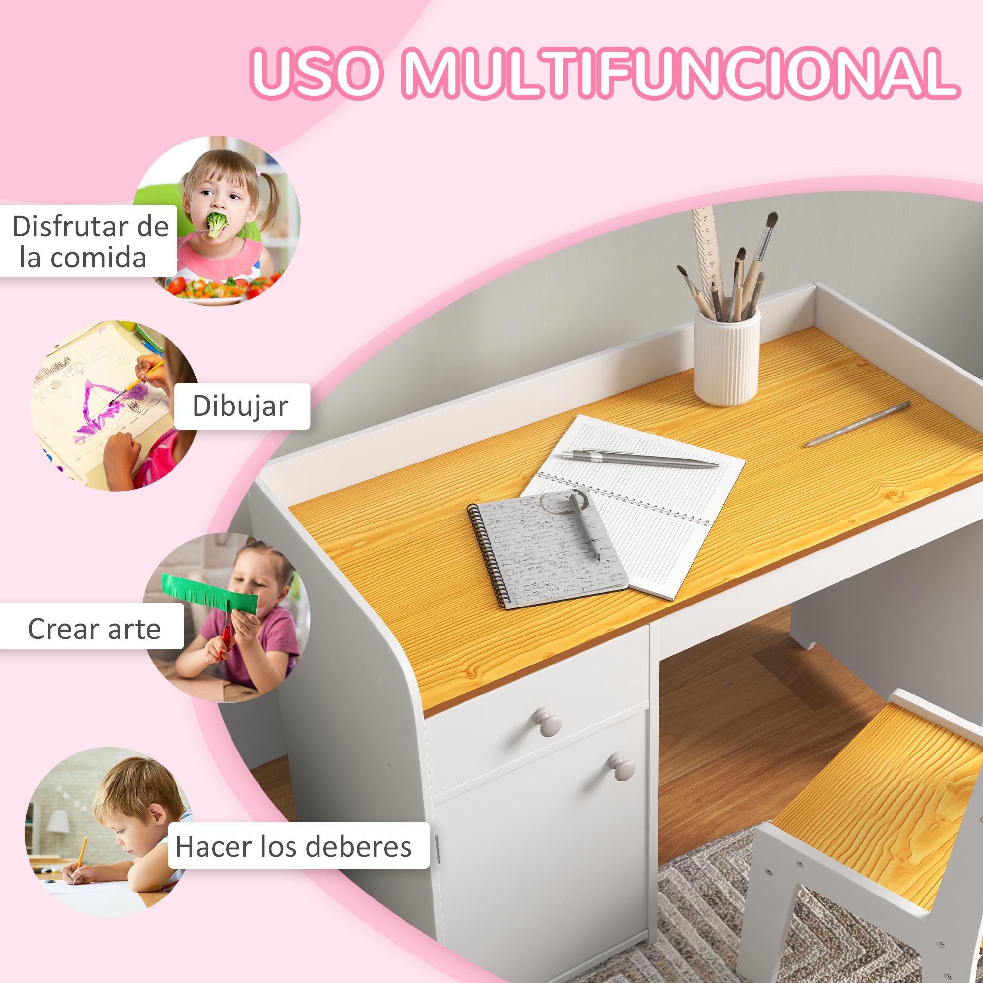 Conjunto de Escritorio de 2 Piezas Pupitre Infantil Escritorio para Niños Incluye Silla y Mesa con Cajón y Armario para Dormitorio Sala Blanco y Natural