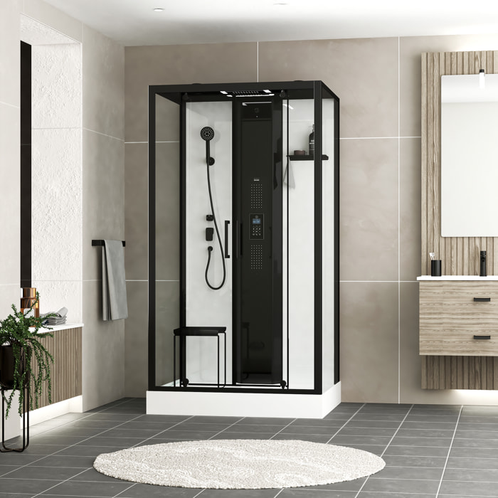 Cabine de douche rectangle 115x90x218 cm - Fonction HAMMAM, Jets Hydromassants, Led et Bluetooth