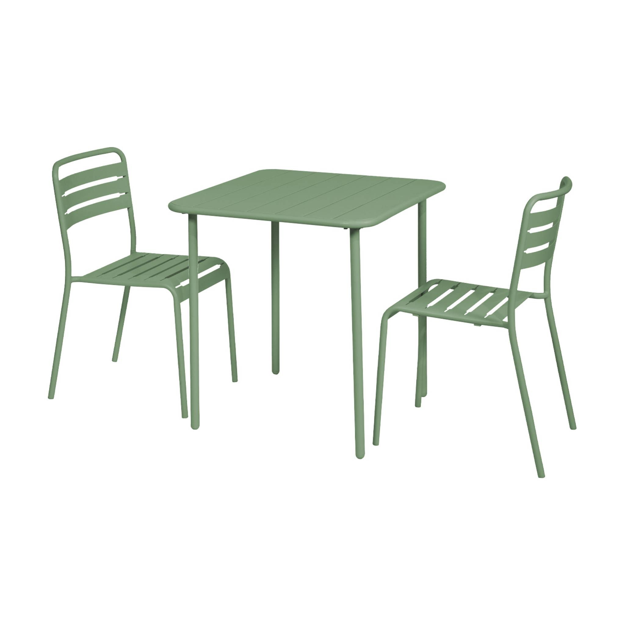 Table de jardin métal 2 places. vert. Amelia. 70x70cm. traitement antirouille. lattes et bords arrondis