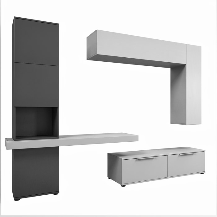 Parete Attrezzata Soggiorno Con Colonna 2 Cestoni 2 Pensili Mensola TV Design Contemporaneo 207.2 x 280 x 49.6 Cm Colore Grigio Chiaro E Grafite