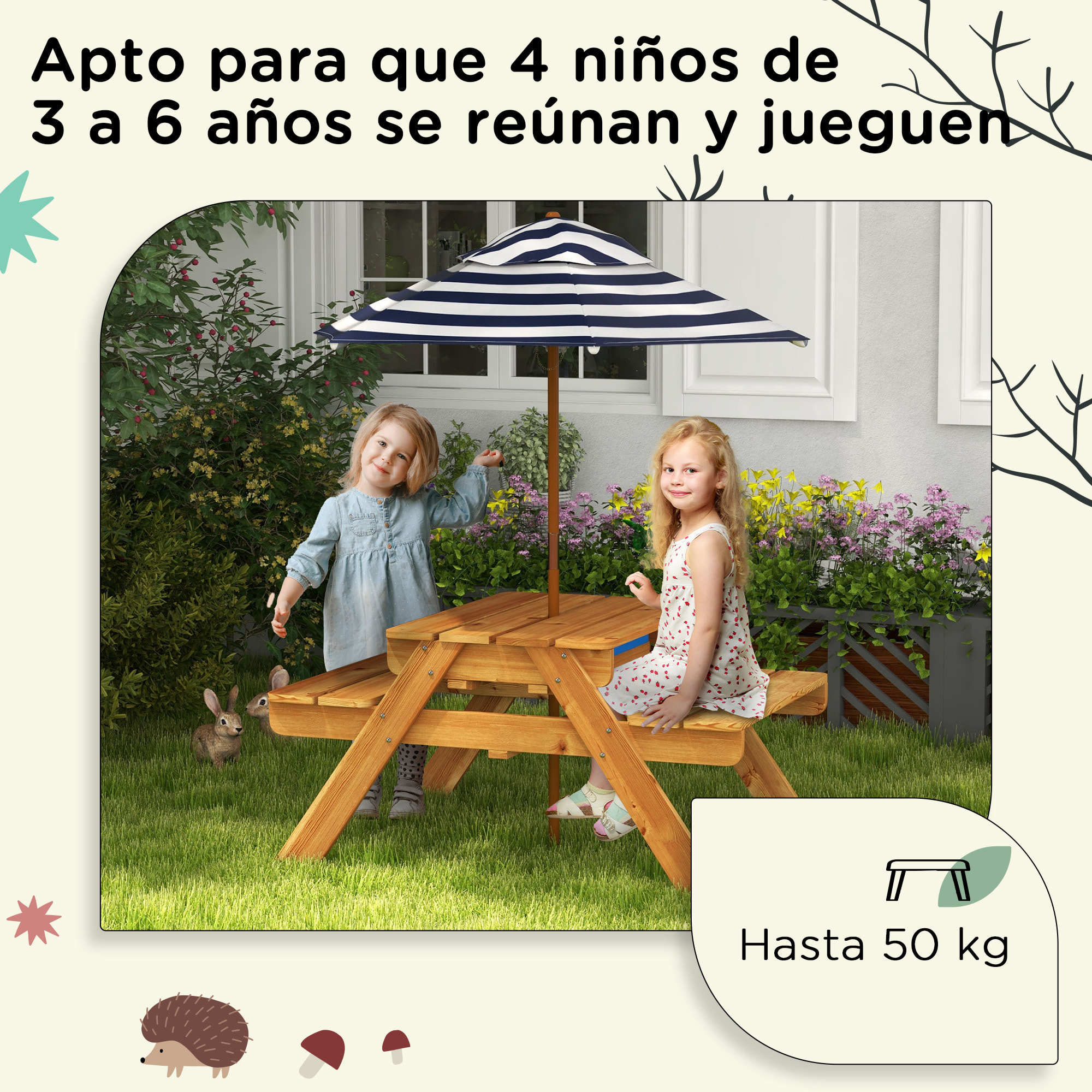 Mesa de Picnic para Niños de Madera Mesa y 2 Bancos Infantiles con Sombrilla y Arenero para Jardín Patio 89x80,5x142,5 cm Teca