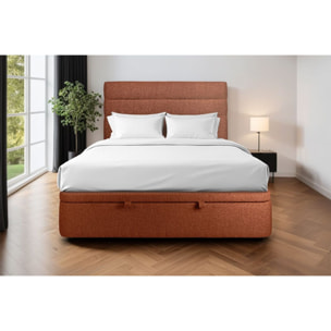 Lit avec sommier et tête de lit à lignes - Tissu bouclette au style tendance - Adapté à tous les matelas, montage rapide - Rangement XXL - Hauteur Totale : 39cm