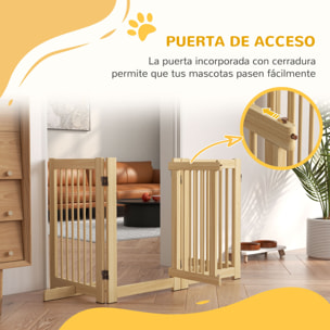 Barrera de Seguridad para Perros de Madera Plegable, para Escaleras y Puertas, Valla para Perros Pequeños y Medianos de 4 Paneles, con Soporte de Pie, para Interiores, 204x36x75 cm, Natural