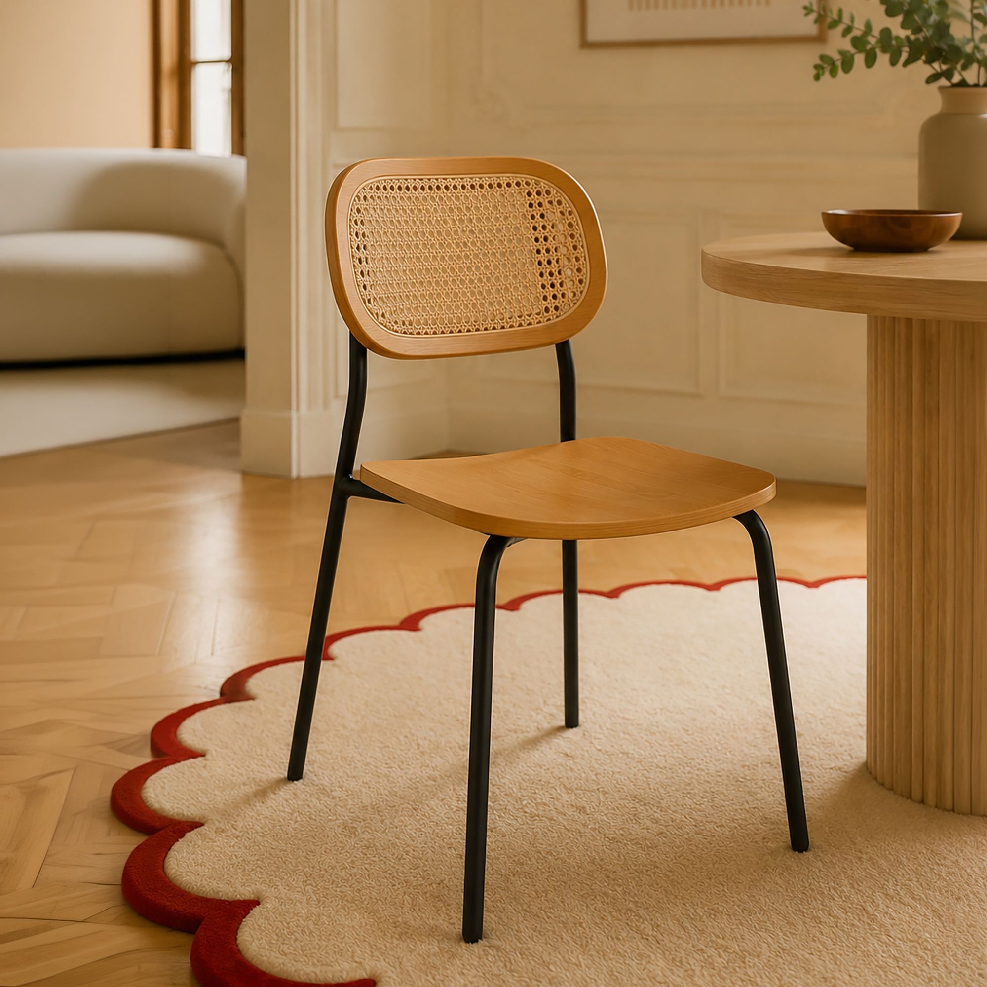 Ensemble table ovale effet bois 220cm et 6 chaises en rotin et bois NOSARA
