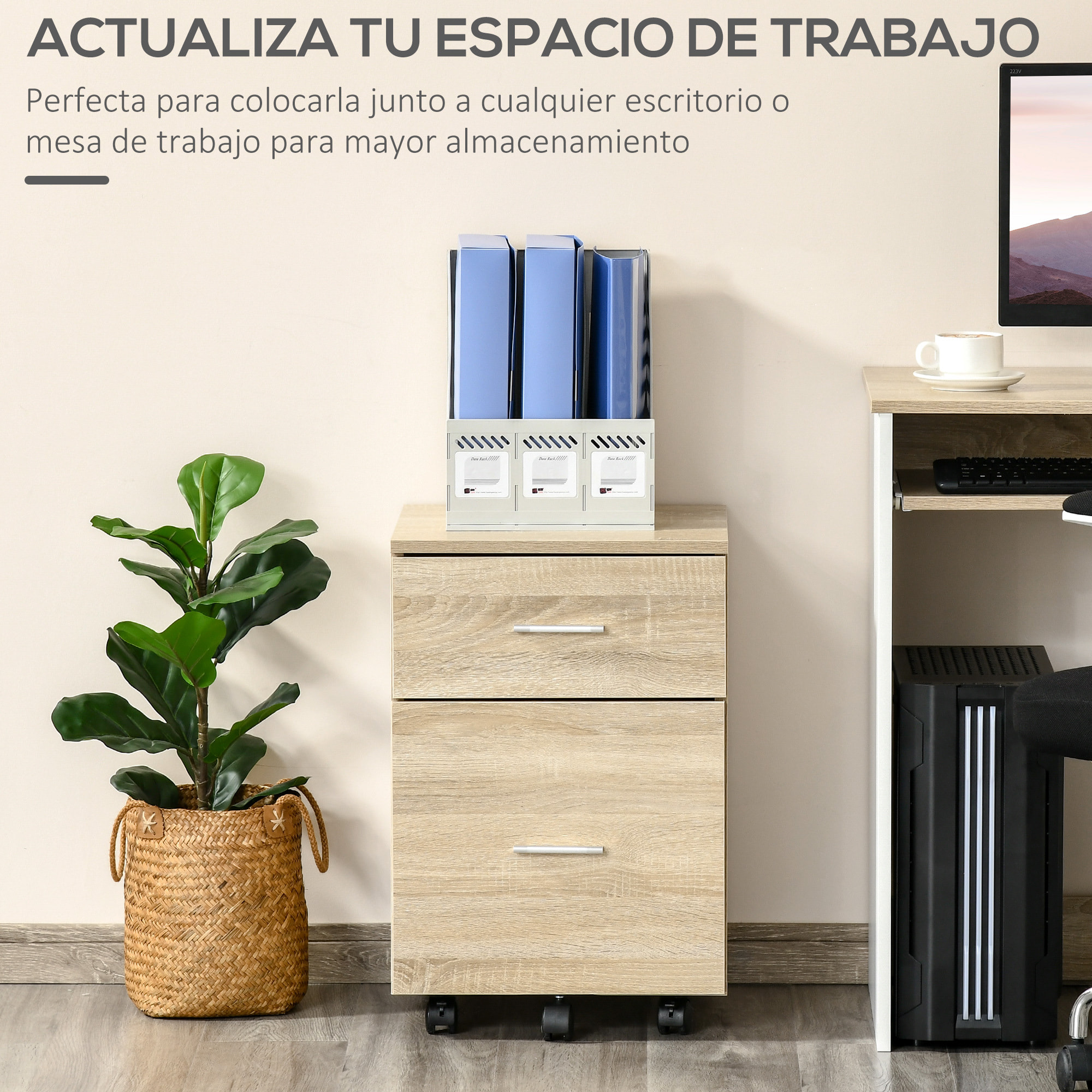 Cajonera de Escritorio con 2 Cajones, Cajonera de Oficina con Ruedas, Archivador Móvil, para Archivos A4 o Cartas, para Estudio, Salón, 39,5x39x58,5 cm, Roble