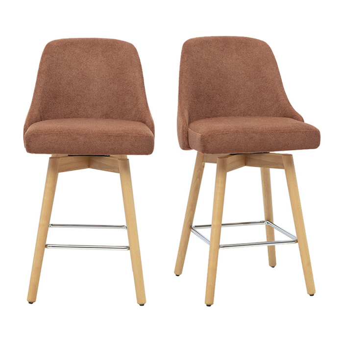 Tabourets de bar scandinaves pivotants 360° en tissu chenille terre brûlée et bois hêtre massif H65 cm (lot de 2) HASTA