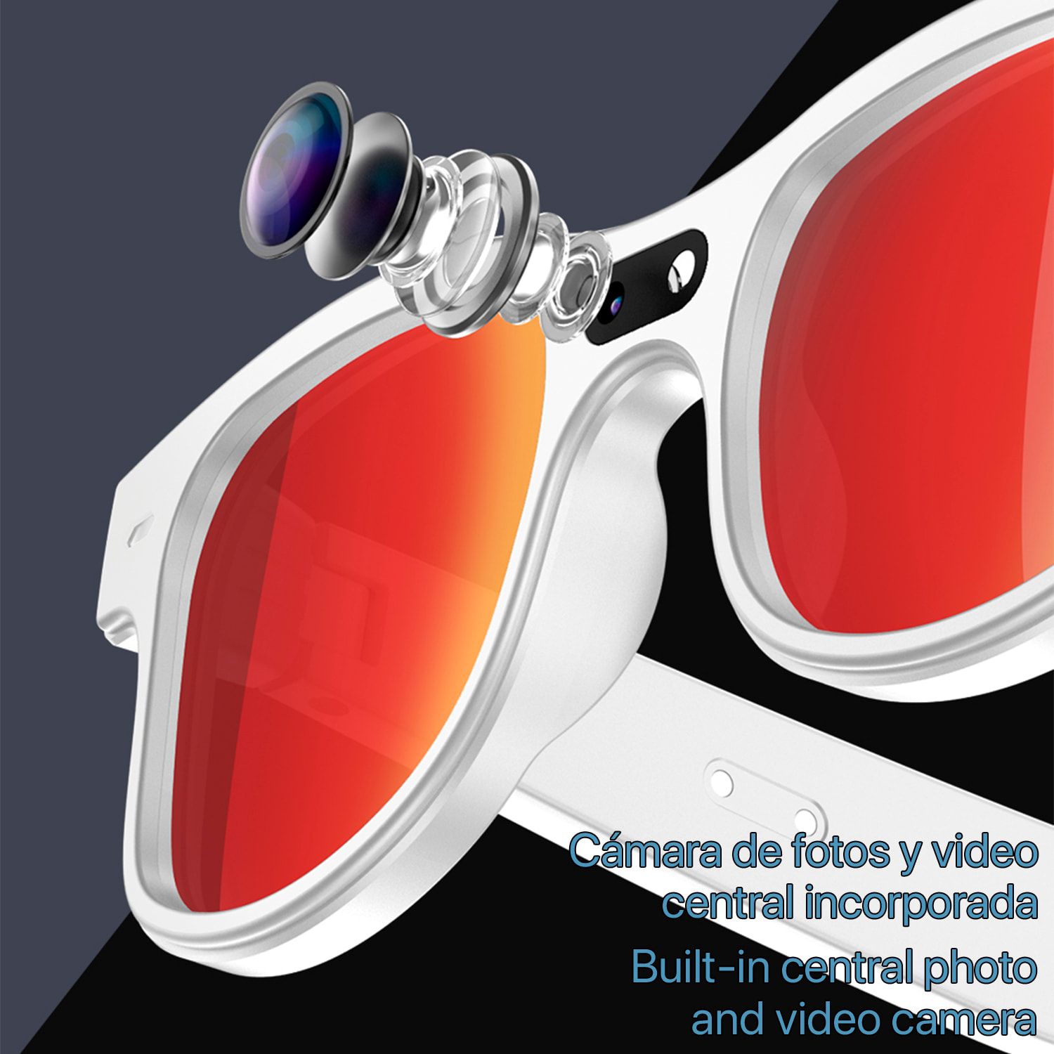 Occhiali intelligenti AIMB-G3. Con fotocamera da 8 MPX, traduttore Ai in tempo reale, assistente vocale, controllo della musica e delle chiamate. Con 3 paia di lenti.