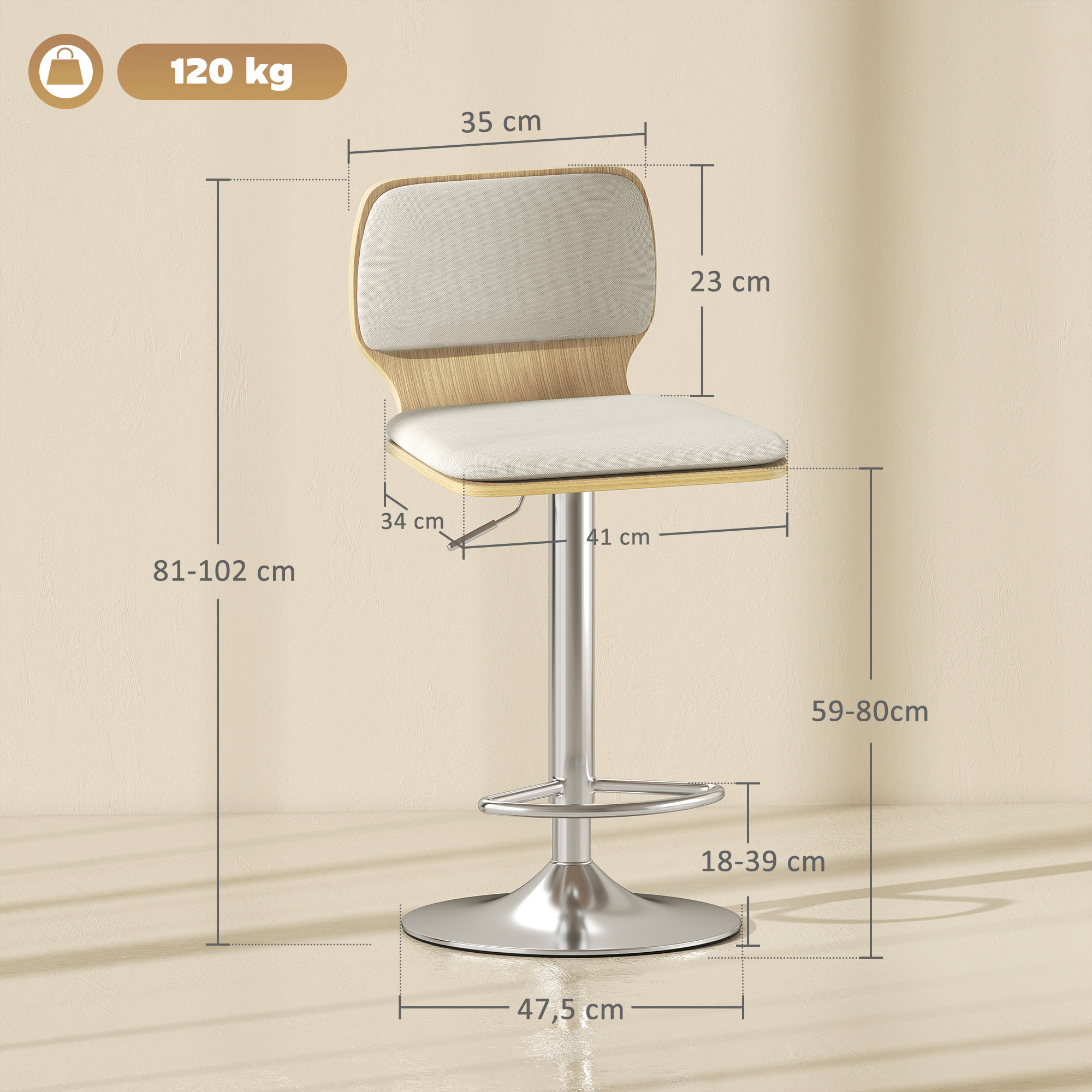 Juego de 2 Taburetes Altos de Cocina Giratorios en 360°, Taburetes de Bar Regulables en Altura de 81-102 cm, Tapizados en Lino, Reposapiés, para Comedor, Mostrador, Beige