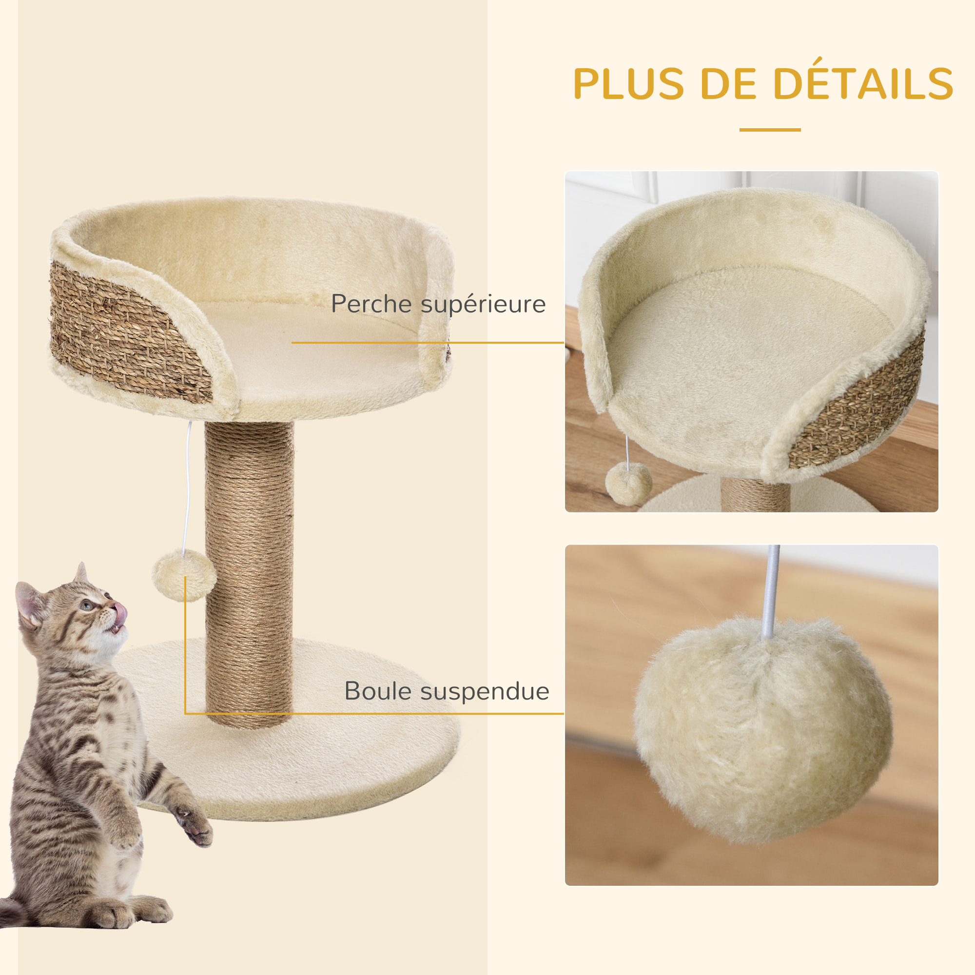 Arbre à chat griffoir 2 niveaux H. 49 cm - poteau sisal, plateforme observation, jeu de boule suspendue - jute polyester beige