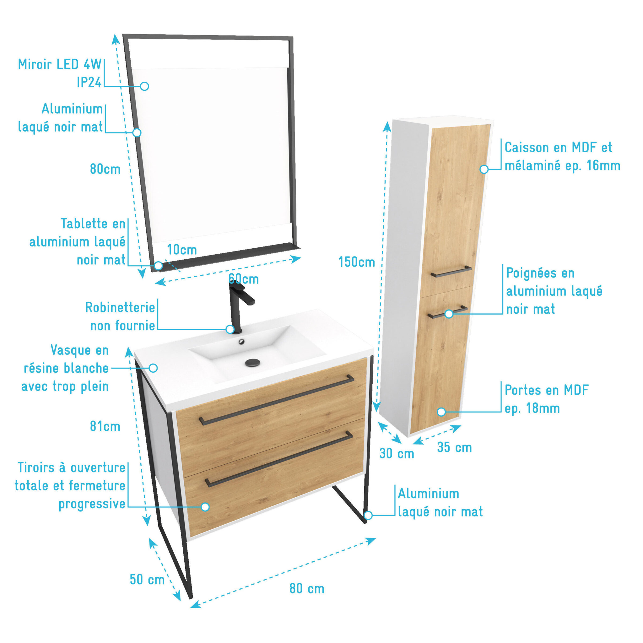 Meuble Salle de Bains 80 cm, Vasque Blanche, Miroir Led et Colonne - Blanc et Chêne - STRUCTURA
