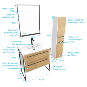 Meuble Salle de Bains 80 cm, Vasque Blanche, Miroir Led et Colonne - Blanc et Chêne - STRUCTURA