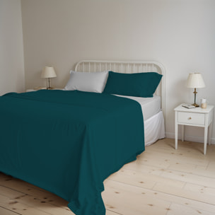 COMPLETO LETTO NATURAL COLOR, 100% Cotone, Made in Italy - VERDE PETROLIO/GRIGIO CHIARO