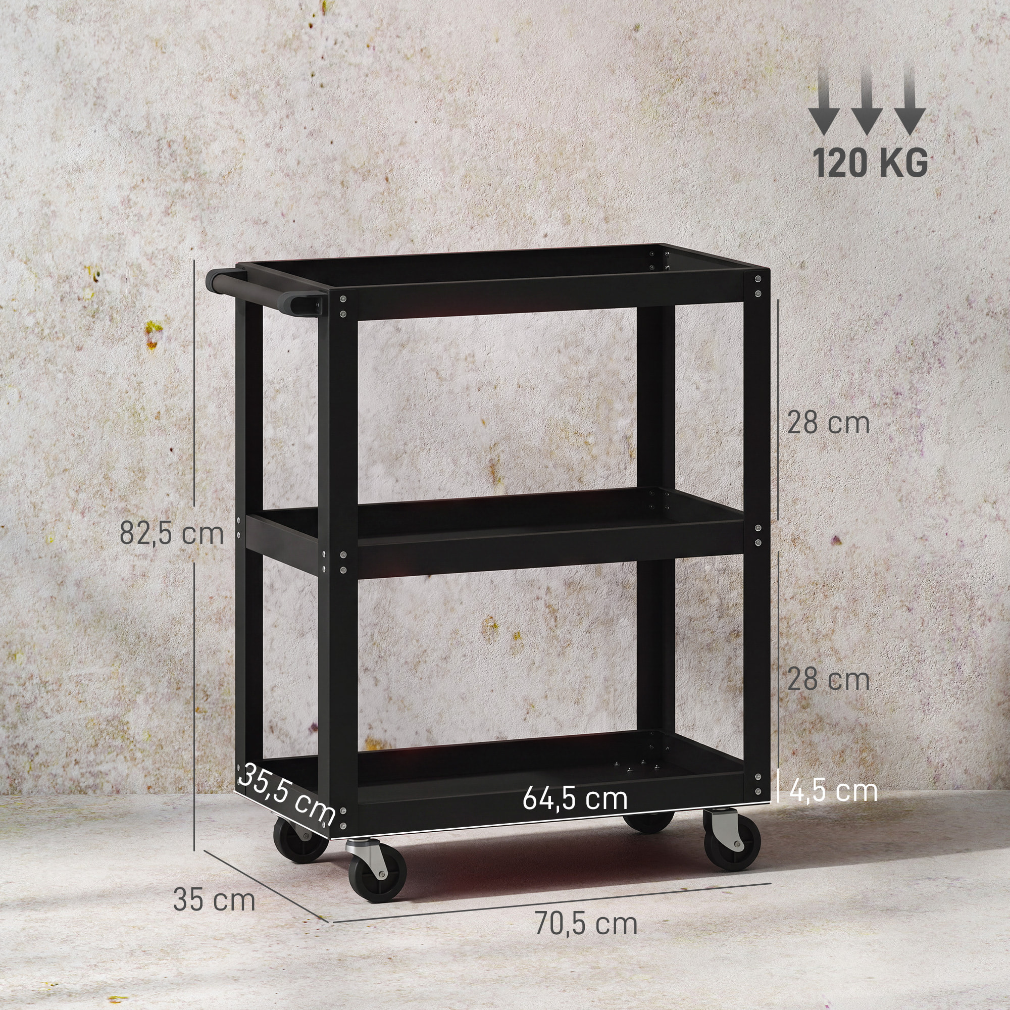 Chariot à outils 3 niveaux - chariot d'atelier servante - max. 120 Kg - métal noir