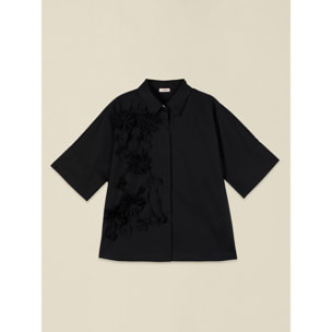 Oltre - Camisa de manga corta con aplicaciones florales - Negro