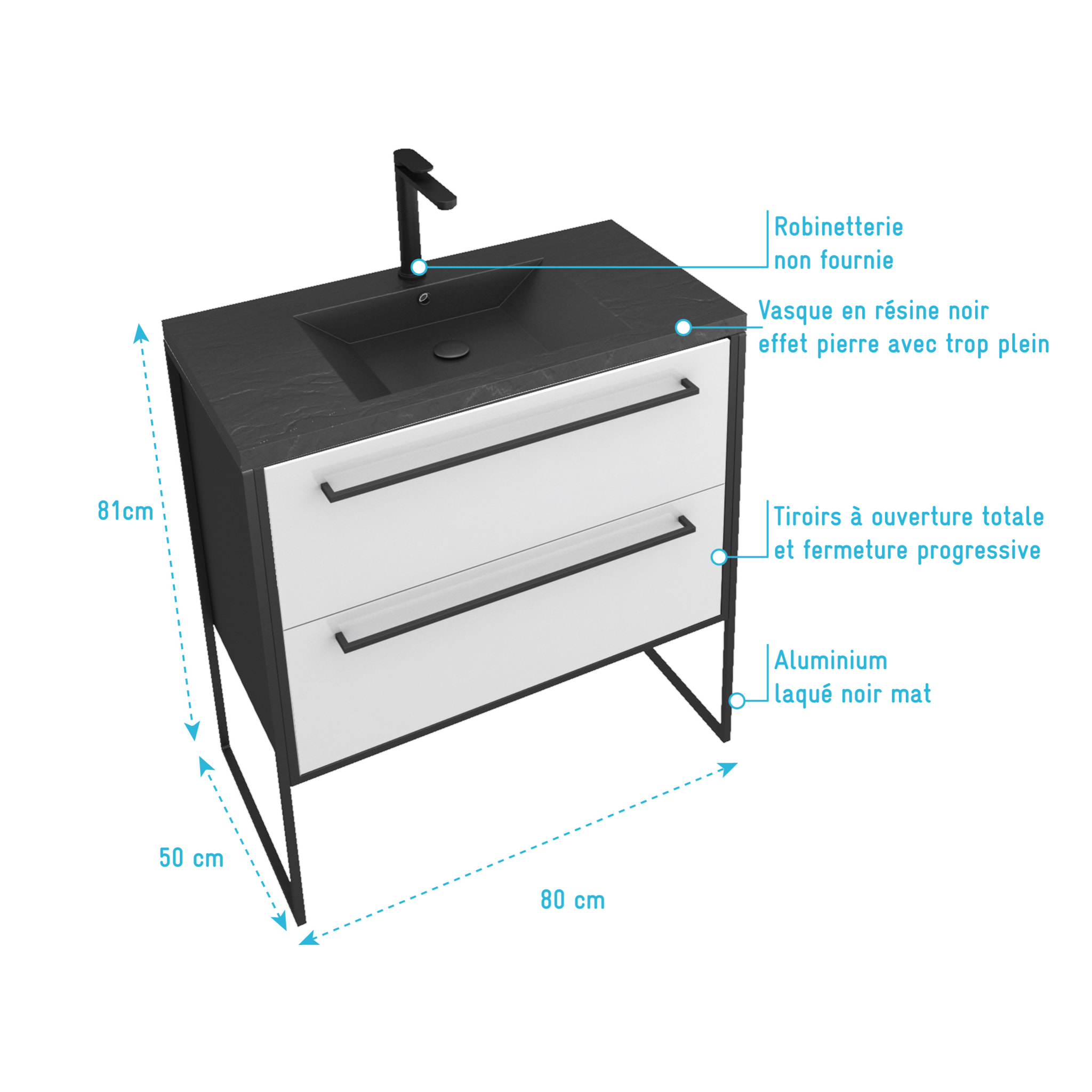Meuble de salle de bain 80x50 cm Noir MAT - 2 tiroirs BLANC - vasque résine noire effet pierre