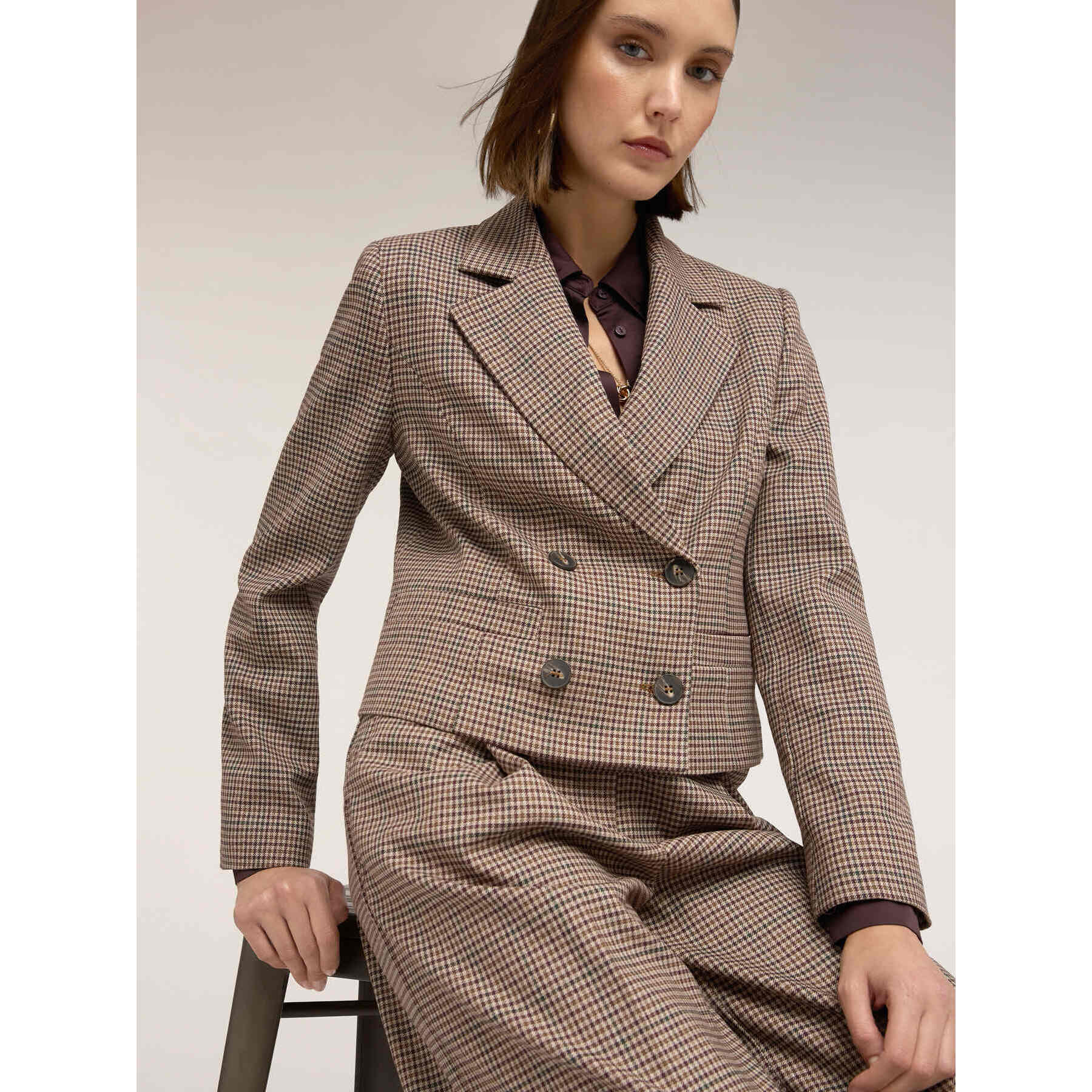 Motivi - Giacca corta doppiopetto fantasia check - Beige