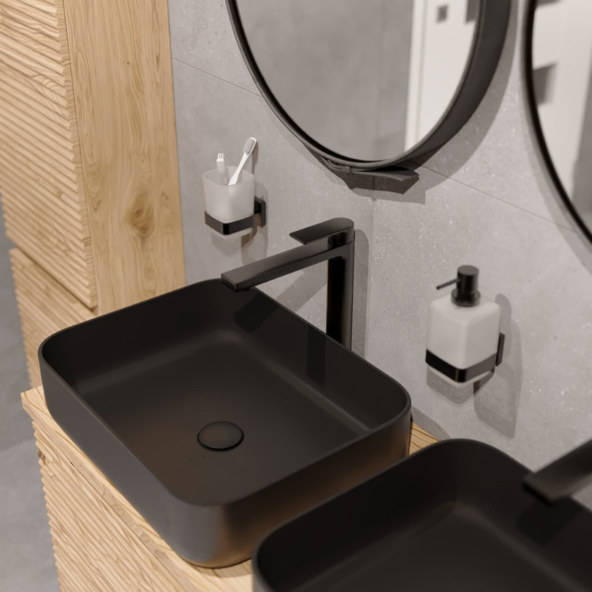 set mitigeur lavabo XL + mitigeur cuisine avec douchette extractible 2 jets, noir mat (SATBSBW285C)