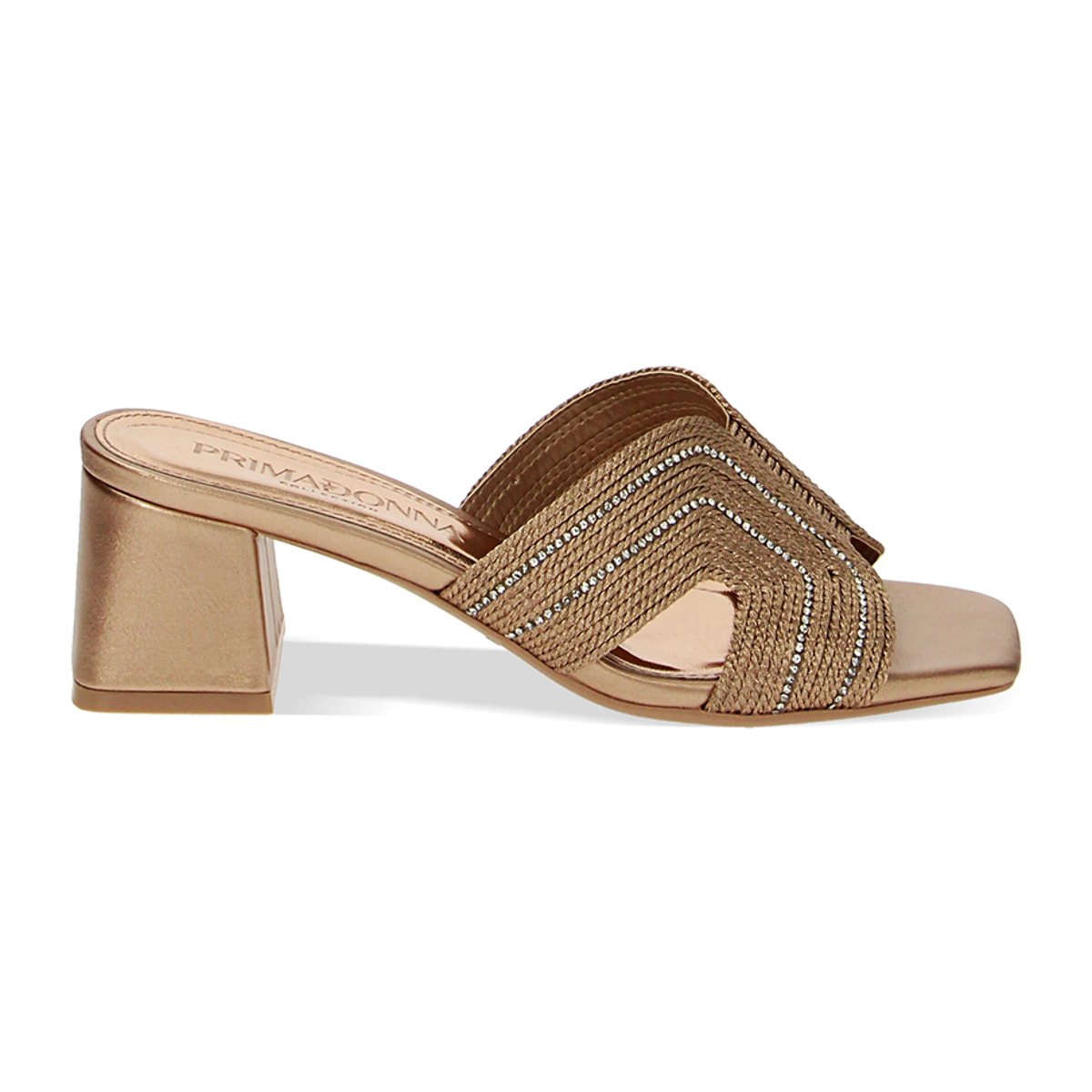 Mules Open Toe rosa-oro in tessuto, tacco 5,5 cm