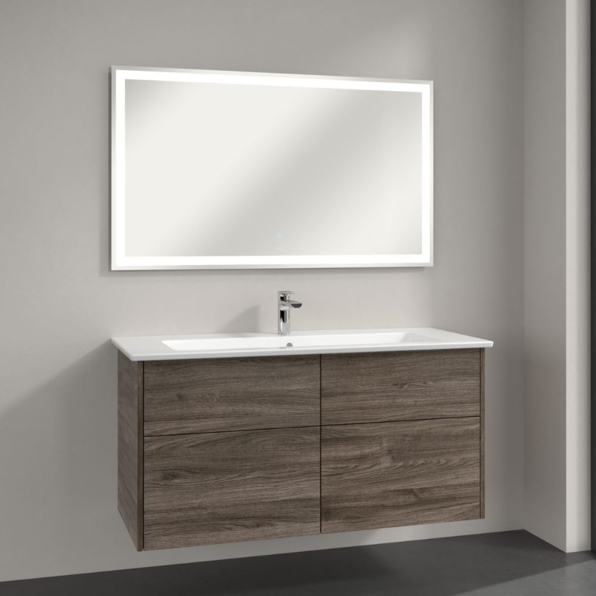 Set meuble avec vasque Finero Villeroy & Boch 100cm Chêne stone oak avec miroir avec éclairage