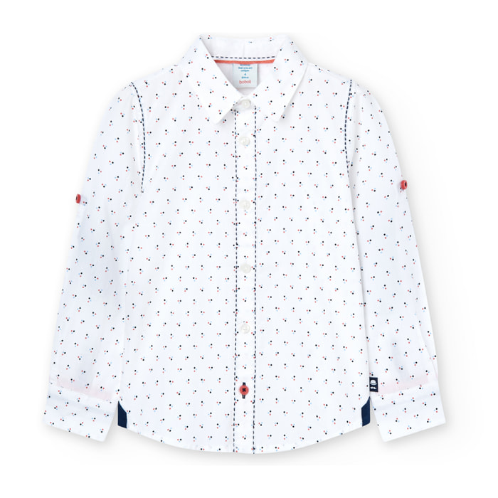 Camisa estampada niÃ±o, popelÃ­n, cuello camisero, mangas