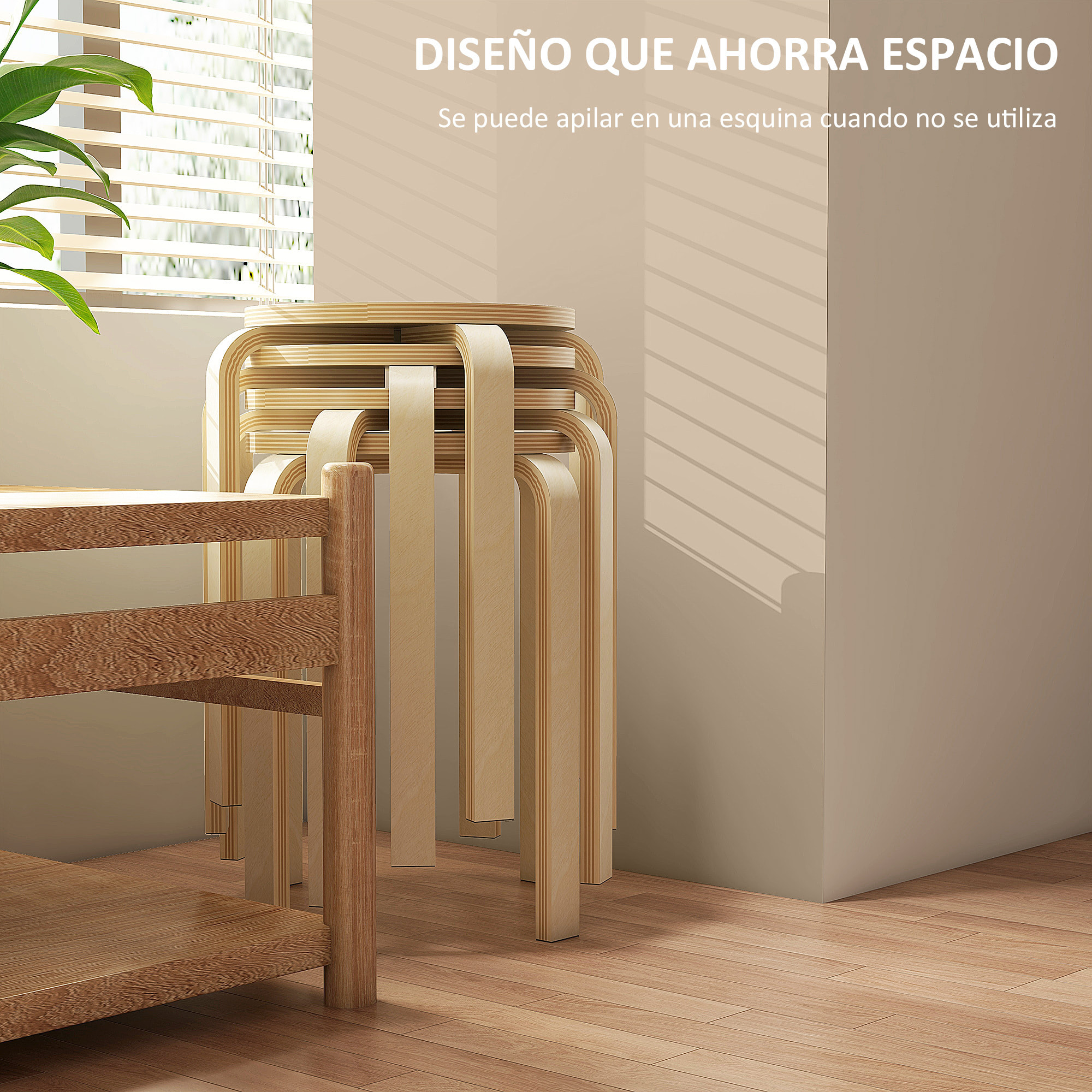 Taburetes Apilables Juego de 4 Taburetes Multiusos Taburetes de Madera Redondos Carga 120 kg para Cocina Salón Dormitorio Estudio Ø40x45 cm Madera Natural