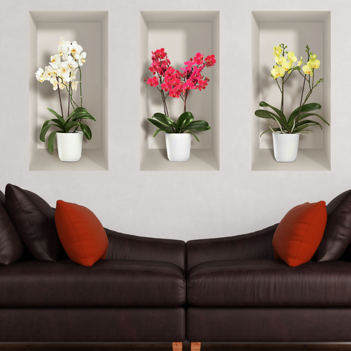 Stickers muraux 3D | Sticker Mural Autocollant effet 3D fleurs orchidées printanières - Stickers adhésifs 3D Chambre Salon Trompe l'oeil