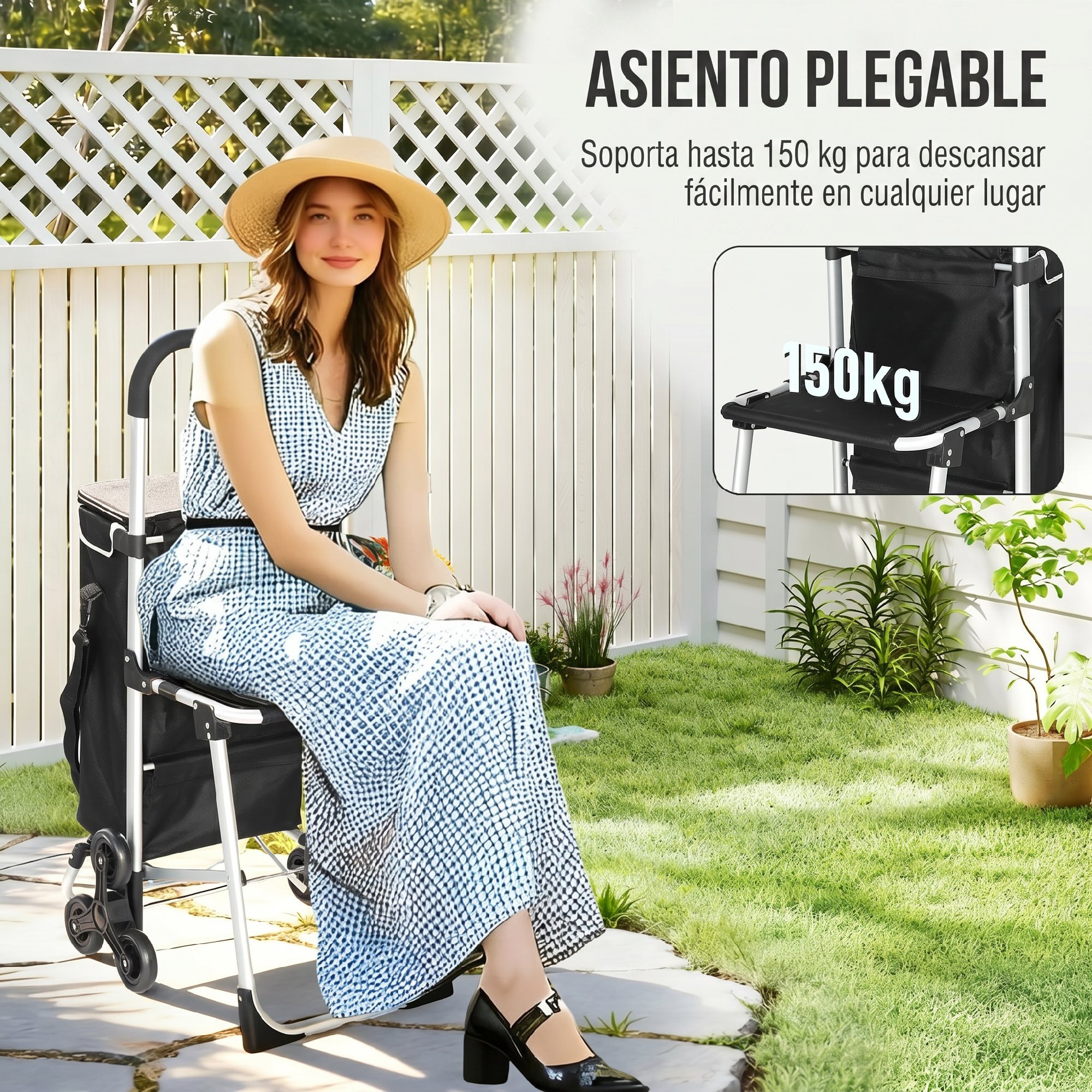 Carrito de Compra Plegable 3 en 1 de 40 L de Aluminio con Asiento Colapsable, Bolsa Térmica Extraíble, Carro de la Compra con 6 Ruedas y Asa Ajustable, para Supermercado, Negro