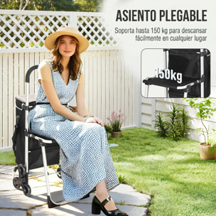 Carrito de Compra Plegable 3 en 1 de 40 L de Aluminio con Asiento Colapsable, Bolsa Térmica Extraíble, Carro de la Compra con 6 Ruedas y Asa Ajustable, para Supermercado, Negro