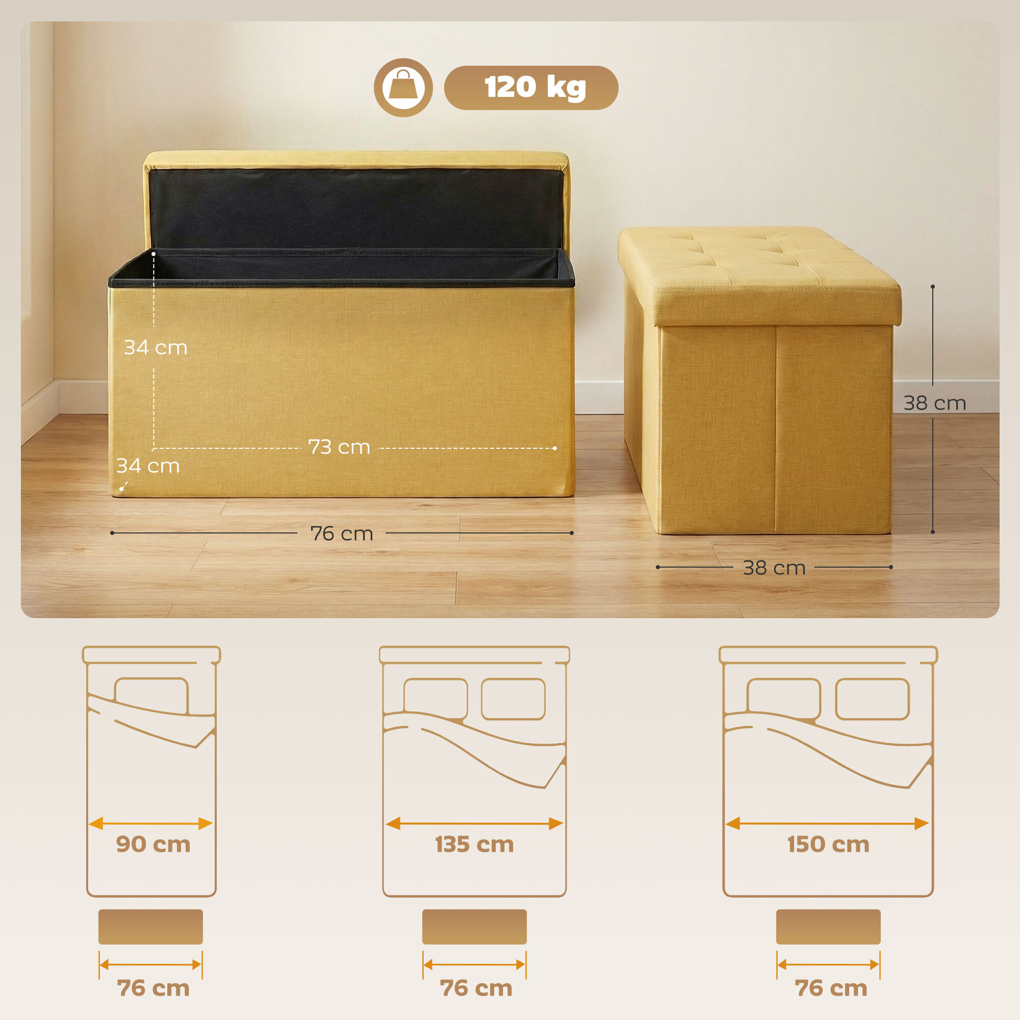 Puff Almacenaje, Banco Almacenaje Plegable, 84 L, 76x38x38 cm, Tapizado en Lino Sintético, Baúl de Almacenamiento, Carga 120 kg, Taburete para Sala de Estar, Dormitorio, Entrada, Amarillo