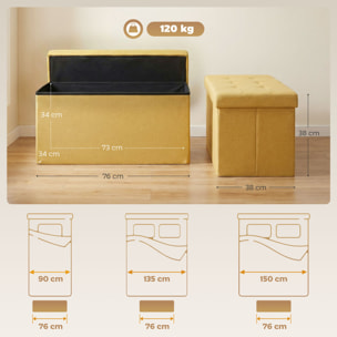 Puff Almacenaje, Banco Almacenaje Plegable, 84 L, 76x38x38 cm, Tapizado en Lino Sintético, Baúl de Almacenamiento, Carga 120 kg, Taburete para Sala de Estar, Dormitorio, Entrada, Amarillo