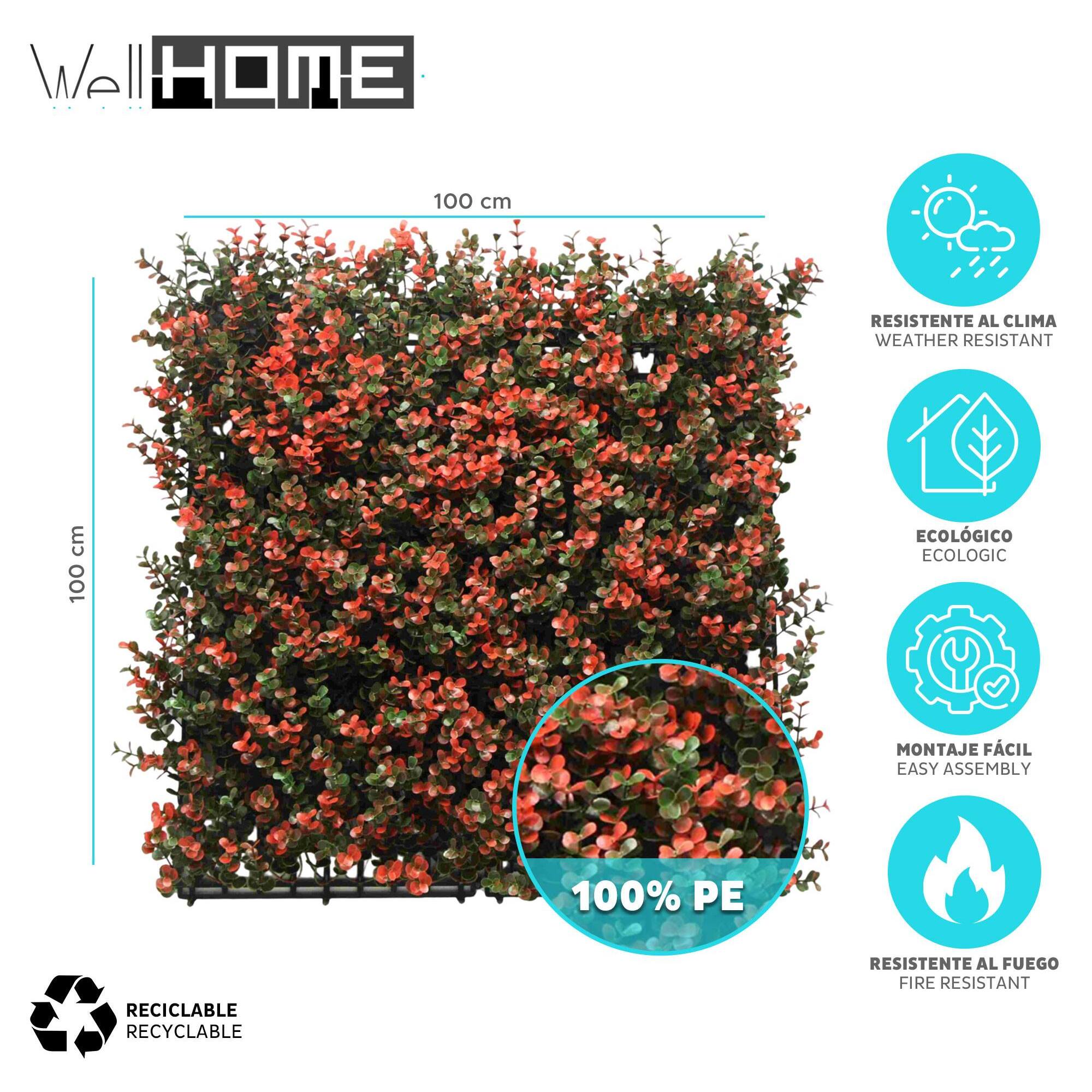 Well home jardín vertical artificial, panel de seto 100x100cm, para decoración interior y exterior - flores rojas realistas