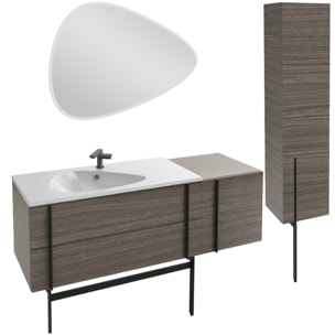 Meuble de salle de bain 145 cm Nouvelle Vague chene tranché + tiroir rack + colonne version droite + miroir + pied