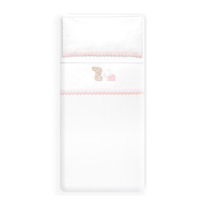 Triptico Cuna Guipur Oso Tumbado Conejito + Broche Bco/Rosa