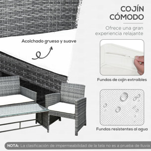 Conjunto de Muebles de Jardín de Ratán 4 Piezas Juego de Muebles de Jardín Incluido 1 Sofá de 2 Plazas 2 Sillones y 1 Mesa de Centro con Tablero de Vidrio para Terraza Gris