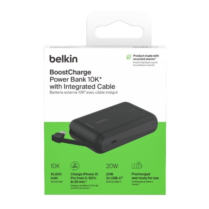 Batterie externe BELKIN 10000 mAh avec cable USB-C intégre noir