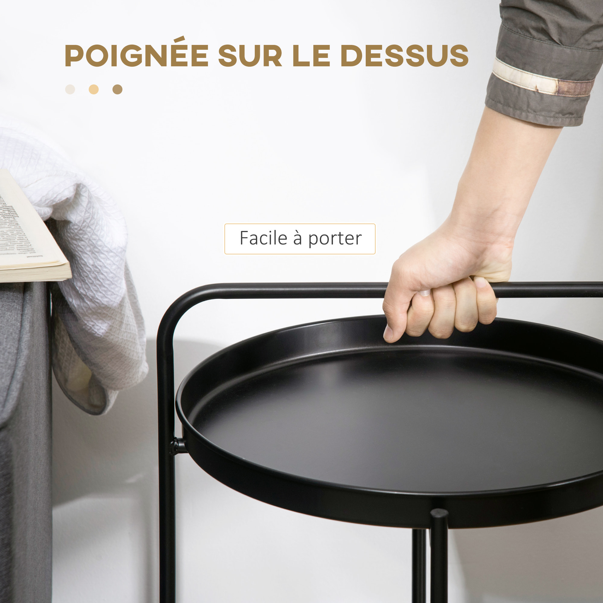 Table d'appoint guéridon bout de canapé design néo-rétro plateau étagère amovibles acier noir PP aspect cannage