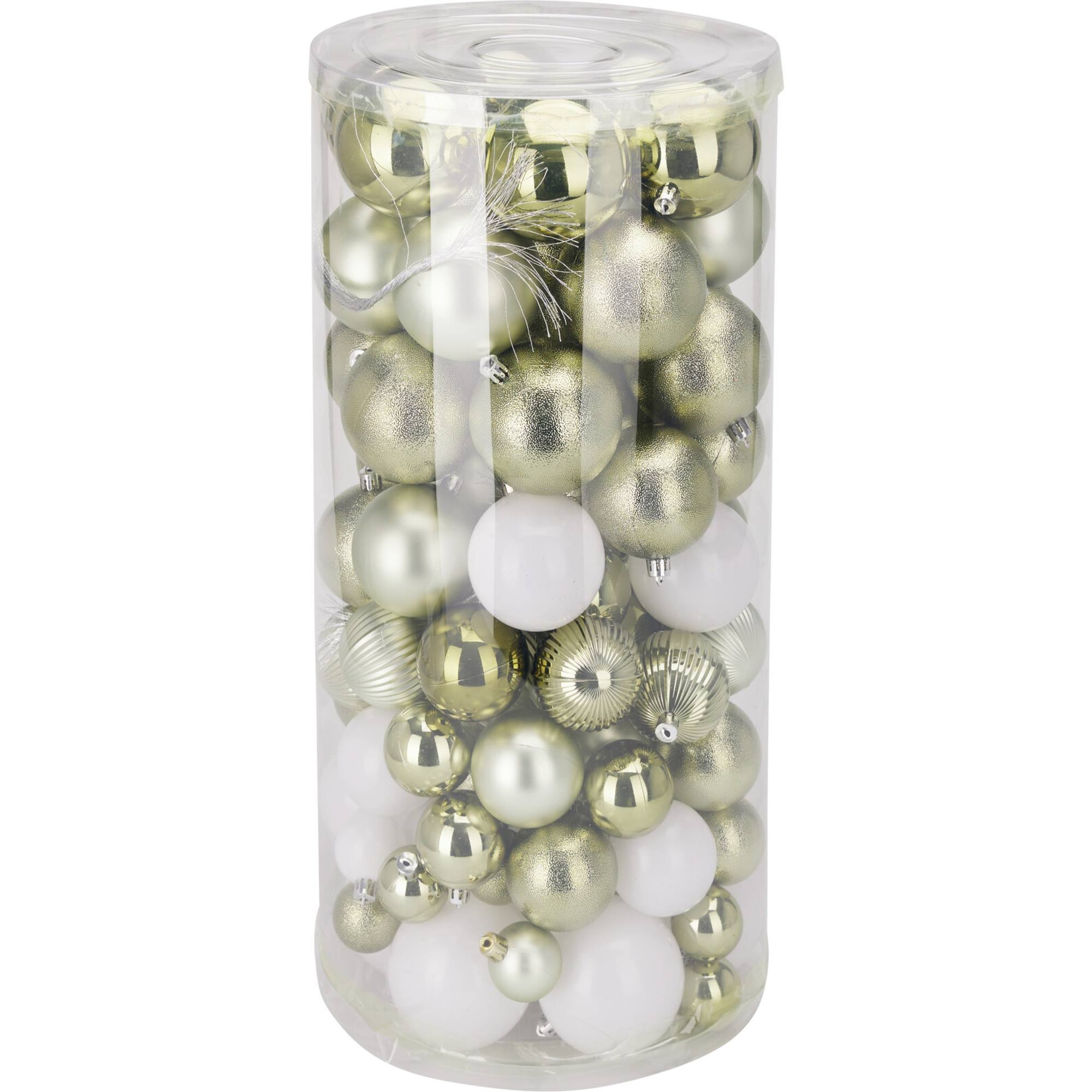 set de 100 bolas de navidad color verde pet con diferentes diseños y acabados