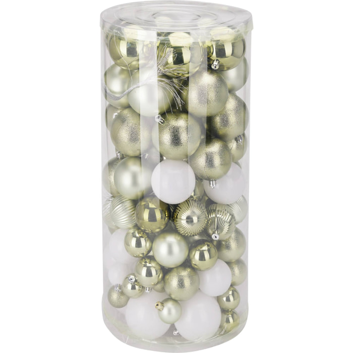 set de 100 bolas de navidad color verde pet con diferentes diseños y acabados