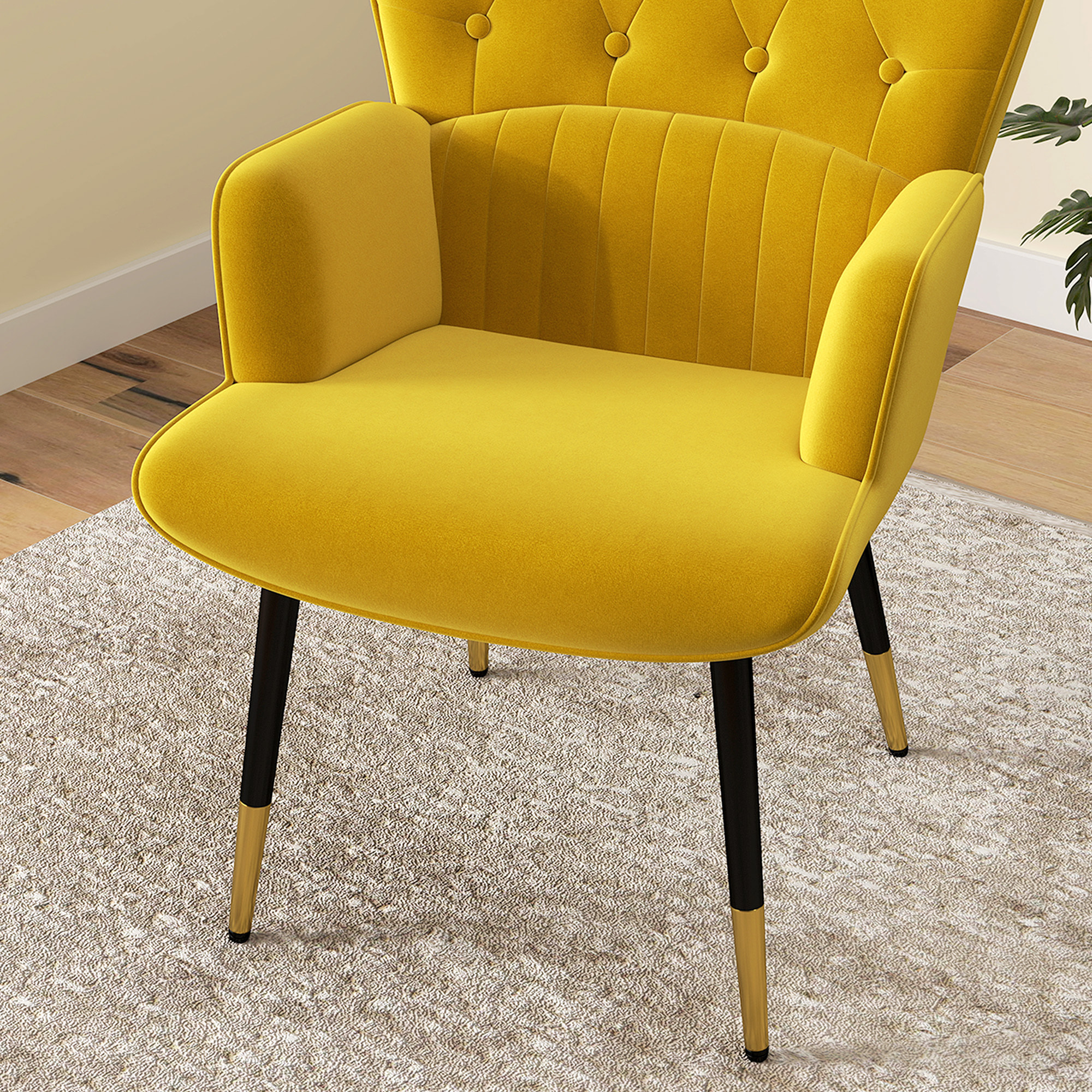 Sillón Individual Butaca de Dormitorio Butaca de Salón Tapizado en Terciopelo con Respaldo Alto Reposabrazos y Patas de Acero Estilo Moderno 68x72x103 cm Amarillo
