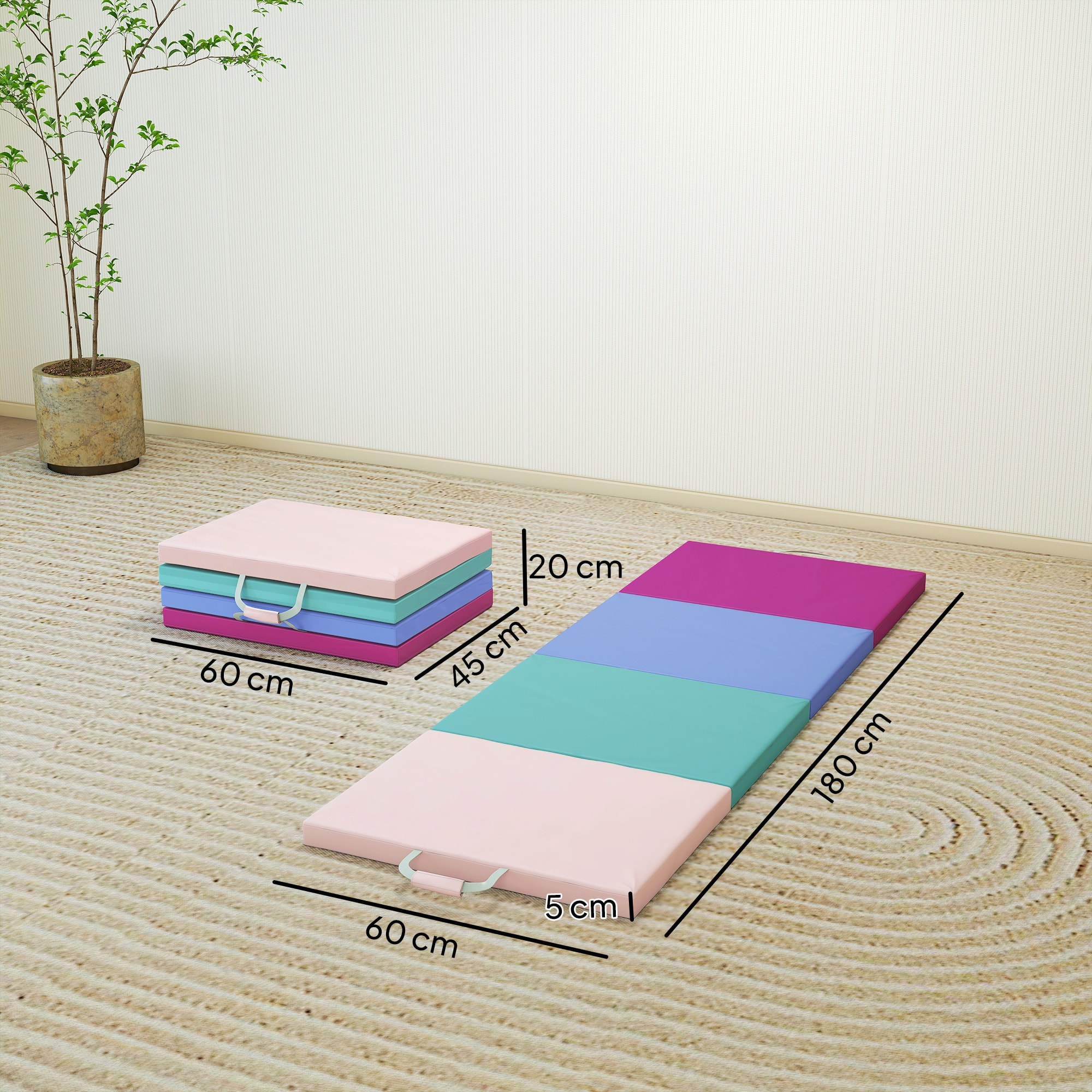 Colchoneta Gimnasia Plegable de Grosor de 5 cm, Tapete de Ejercicio con Asas de Transporte, Bolsa, Esterilla de Gimnasia para Yoga, Aeróbic, Artes Marciales, Multicolor