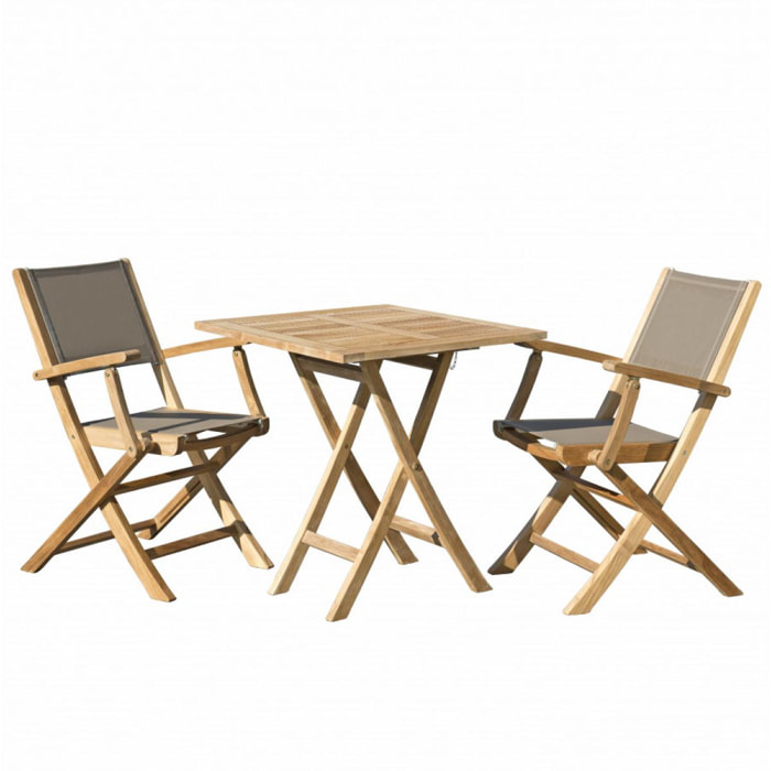 HARRIS - SALON DE JARDIN EN BOIS TECK 2 pers. - 1 Table carrée pliante 70 cm et 2 fauteuils pliants textilène couleur taupe