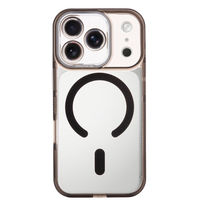 Carcasa transparente con cámara cubierta y bordes negros. Magsafe para iPhone 17 Pro.