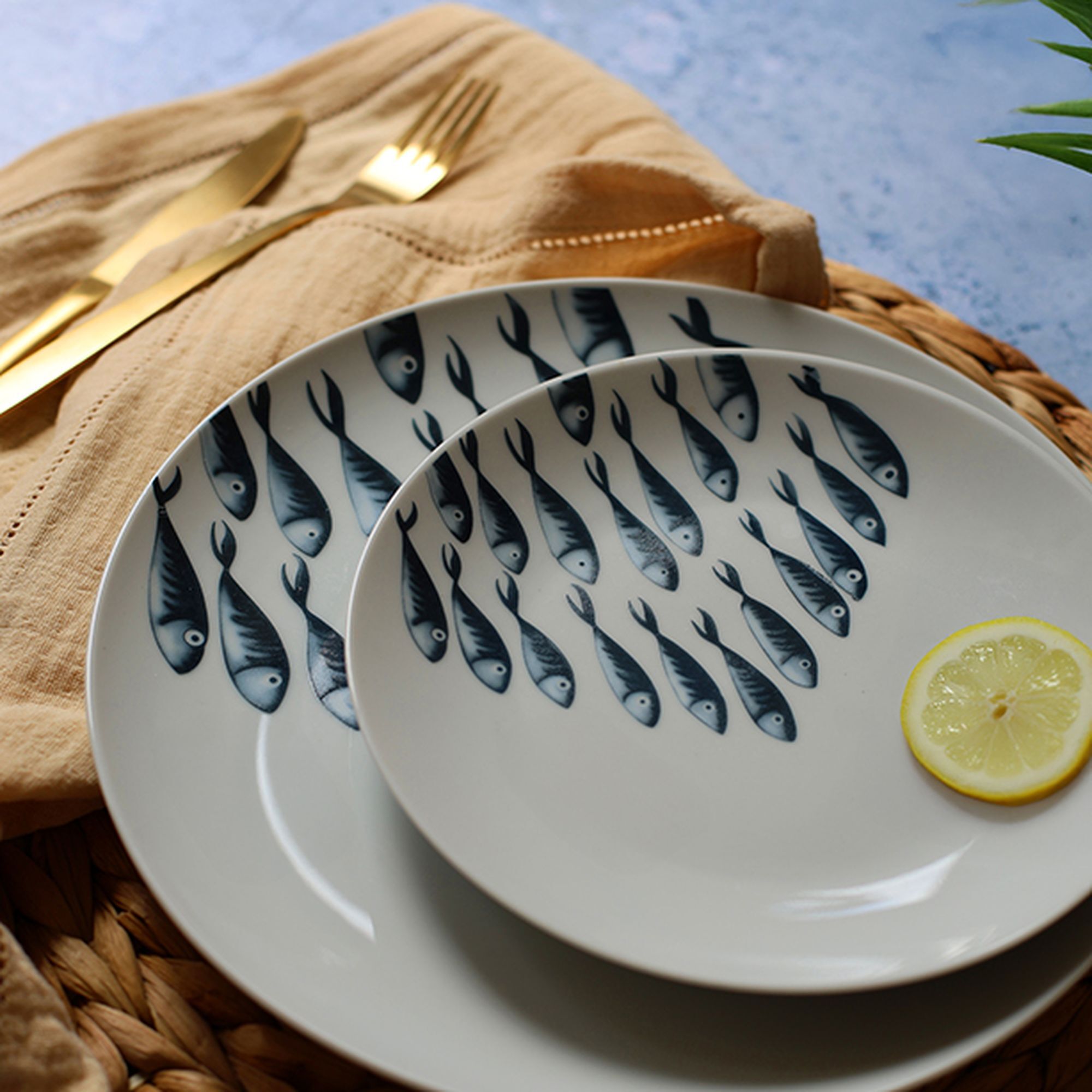 Lot de 6 assiettes à dessert motif marin en porcelaine 20cm PESCARE