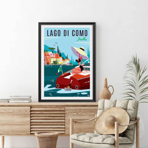 Poster retro lac de côme Affiche + cadre en bois - Noir