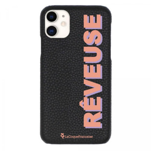 Coque iPhone 11 effet cuir grainé noir Rêveuse corail et parme Design La Coque Francaise