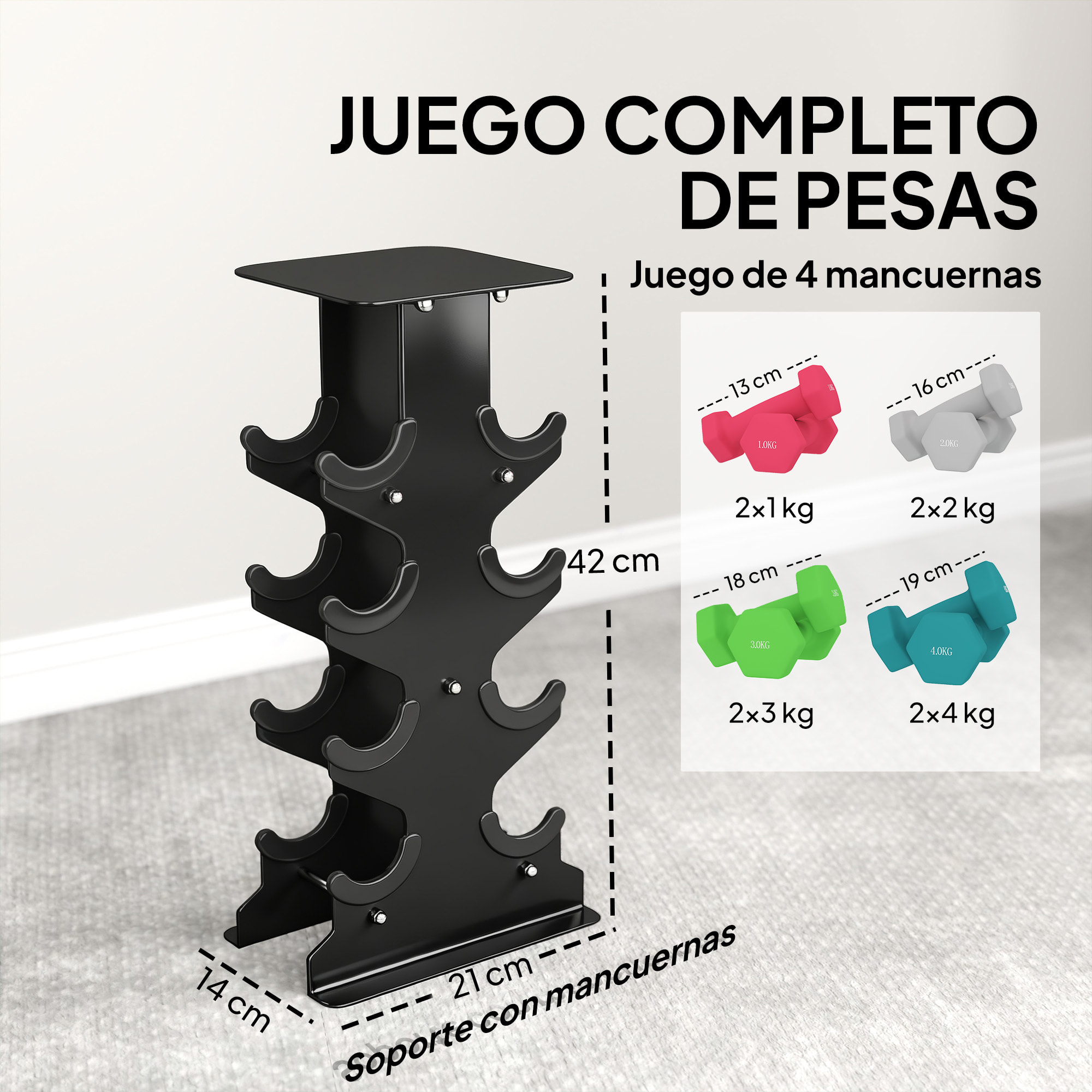 Juego de Mancuernas de 8 Piezas 20 kg, Mancuernas Hexagonales 2x1kg, 2x2kg, 2x3kg, 2x4kg, con Soporte de Almacenamiento y Mango Recto para Entrenamiento de Fuerza en Casa Gimnasio, Multicolor