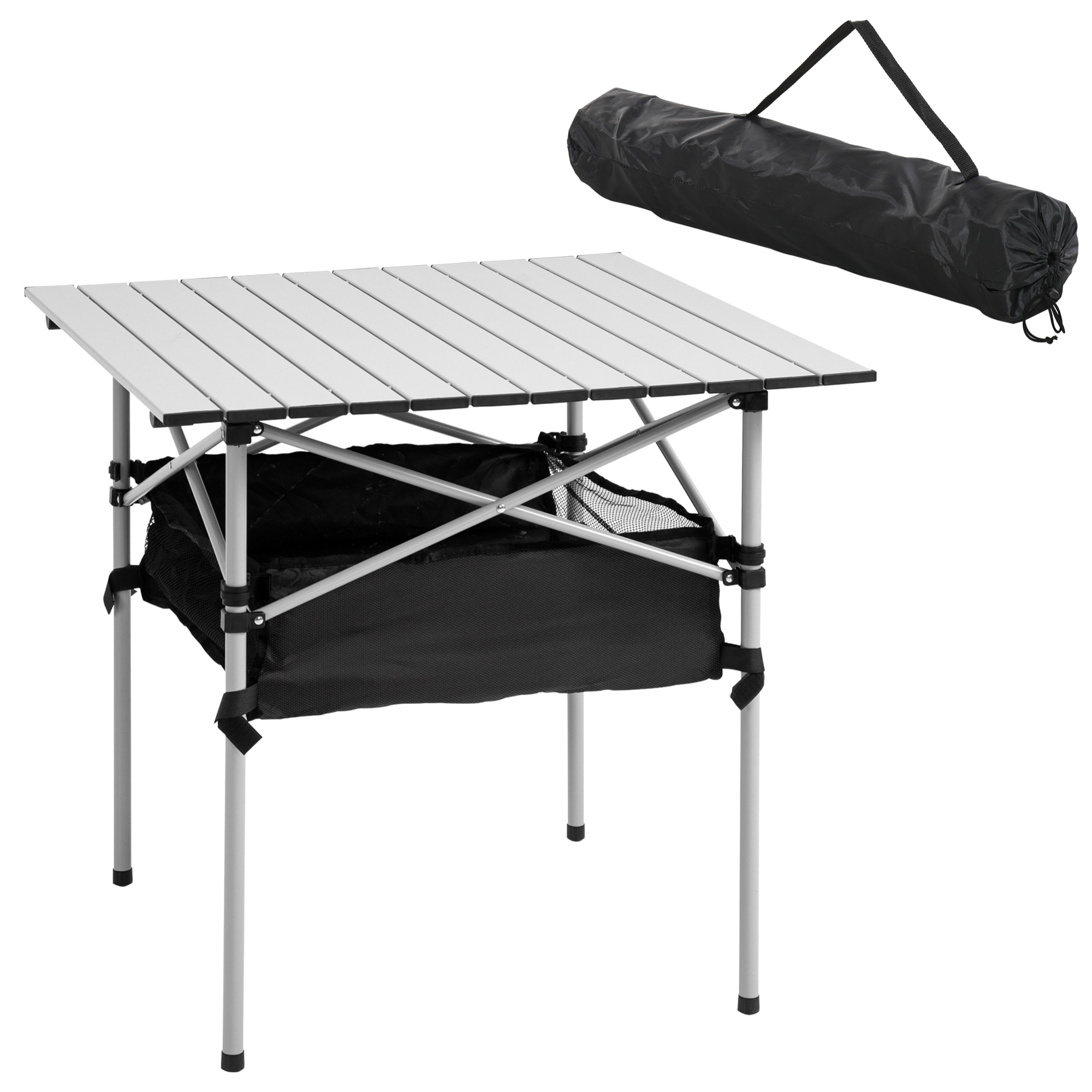 Mesa de Camping Plegable Mesa Plegable Portátil Multifuncional con Espacio Almacenaje de Malla y Bolsa de Transporte para Jardín Balcón Patio Exterior 70x70x69 cm Plata