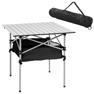 Mesa de Camping Plegable Mesa Plegable Portátil Multifuncional con Espacio Almacenaje de Malla y Bolsa de Transporte para Jardín Balcón Patio Exterior 70x70x69 cm Plata